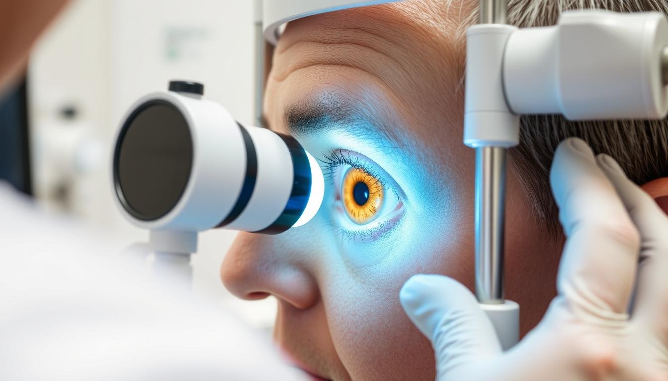 Iriólogo examinando el iris de un paciente con una lámpara especial