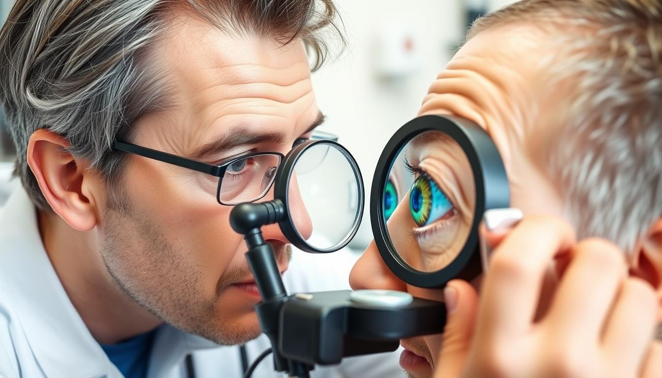 Iriólogo examinando el iris de un paciente con una lupa especial