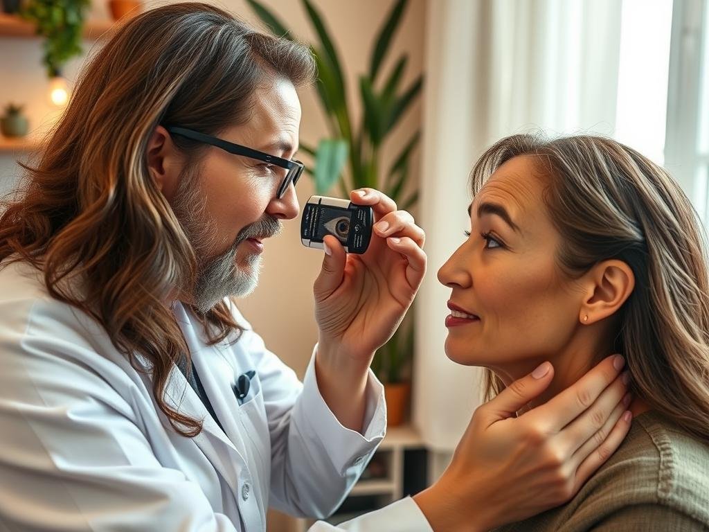 Iriologo holístico analizando el iris junto con otros aspectos de salud integral
