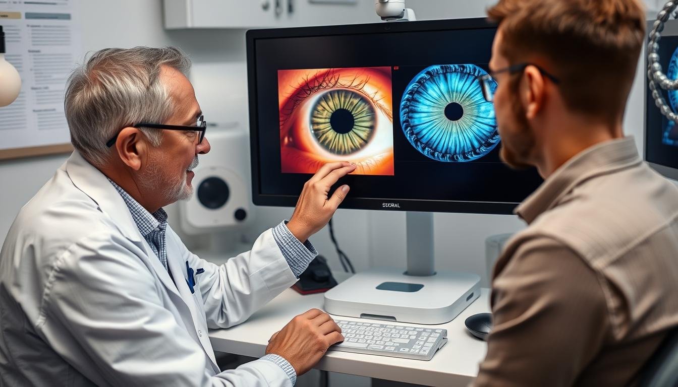 Iriólogo mostrando a un paciente las fotografías de su iris en una pantalla de computadora