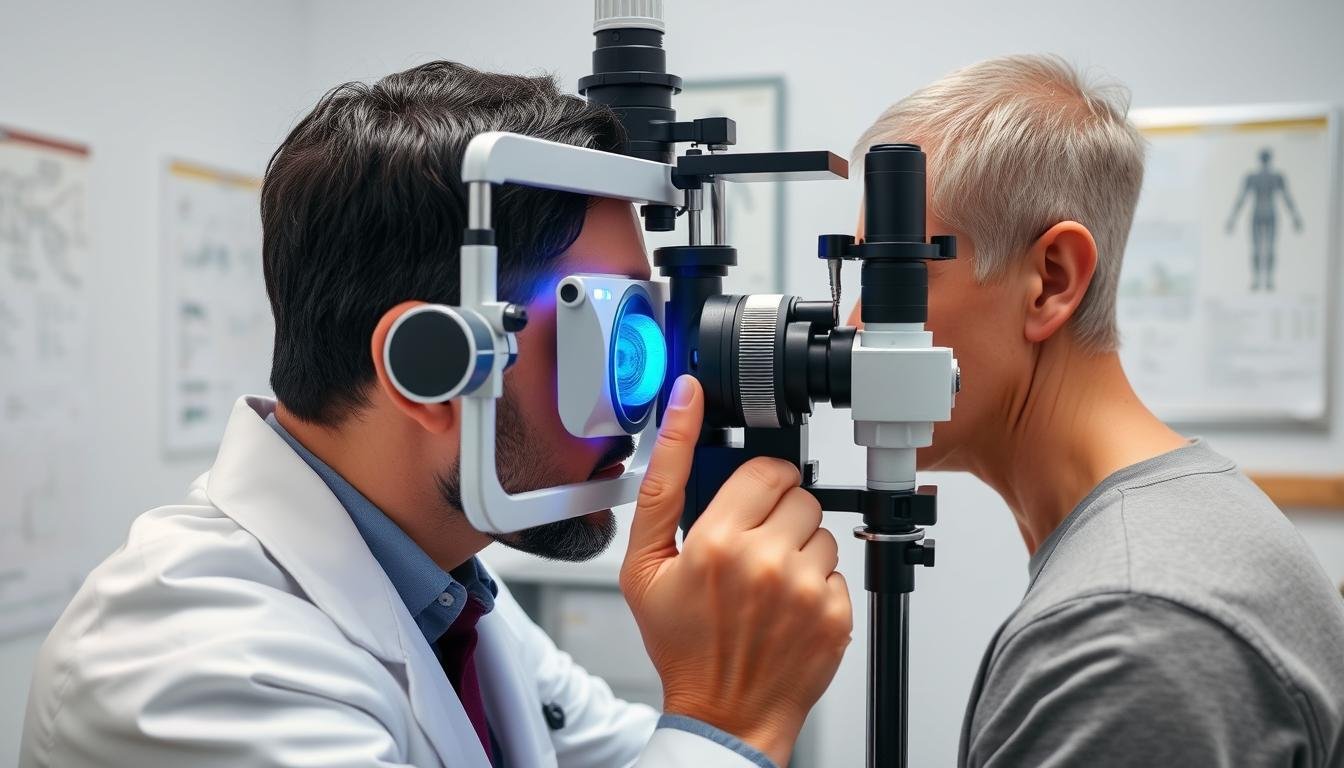 Iriologo profesional examinando el iris de un paciente