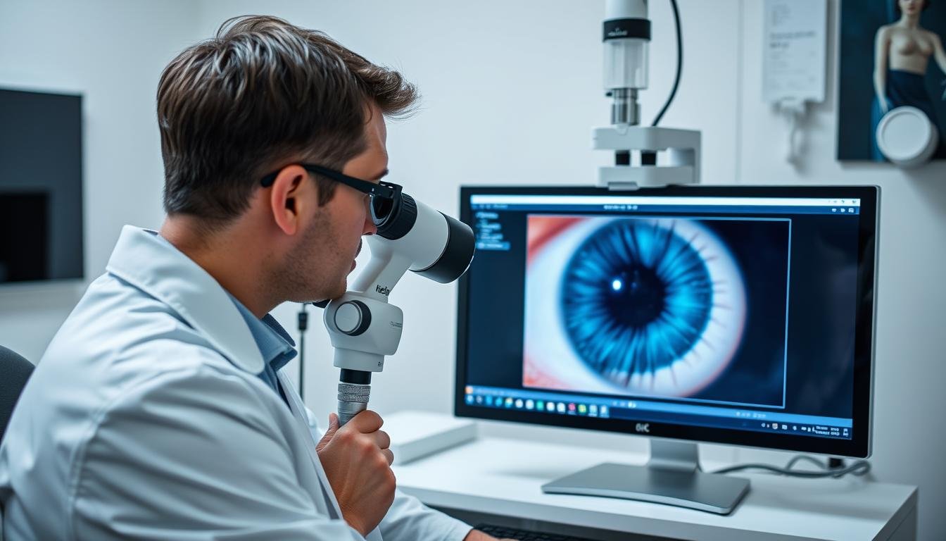 Iriólogo utilizando un iriscopio digital para examinar y fotografiar el iris de un paciente