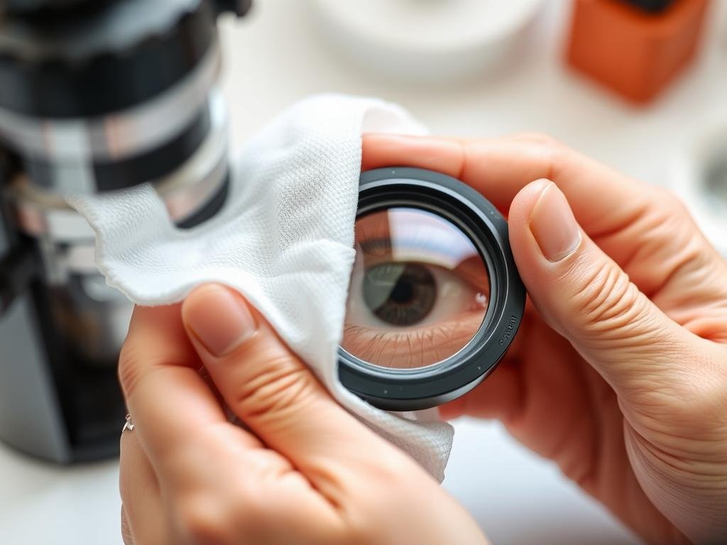 Limpieza profesional de una lupa de iridología con paño especial para lentes