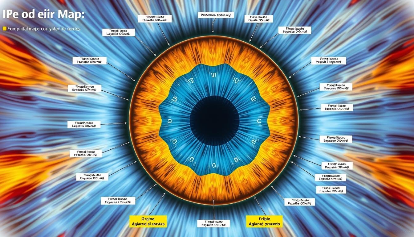Mapa completo del iris mostrando la correspondencia entre zonas del iris y órganos del cuerpo humano