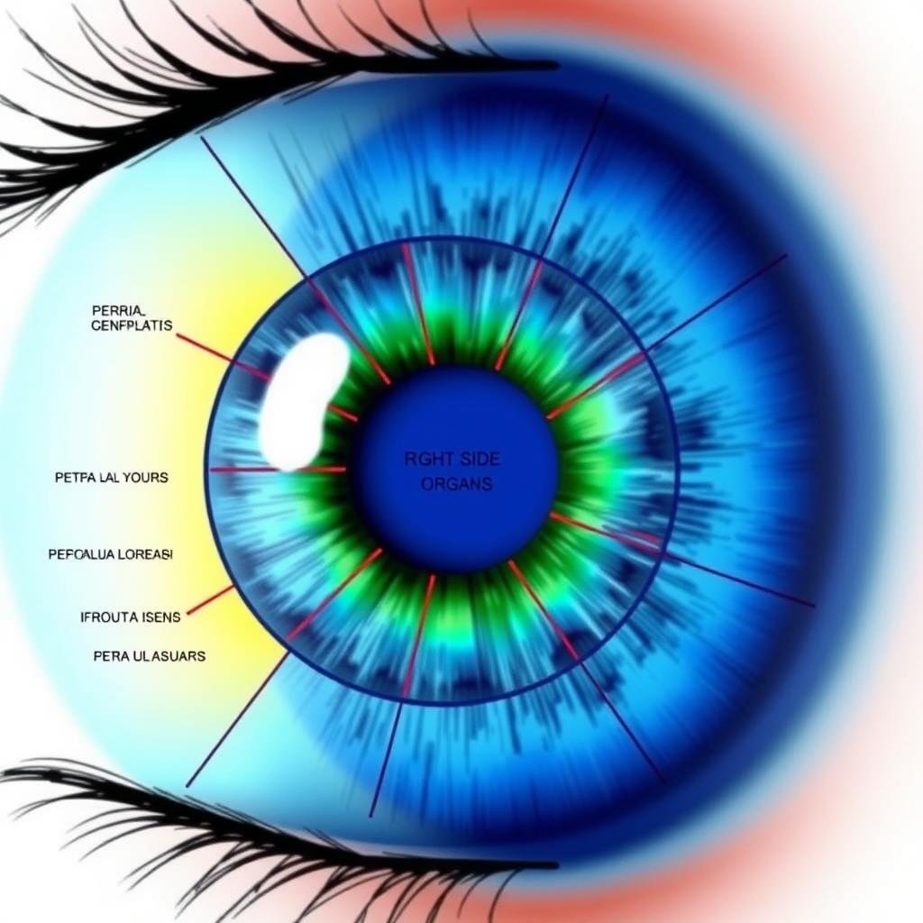 Mapa de iridología del ojo derecho con zonas marcadas