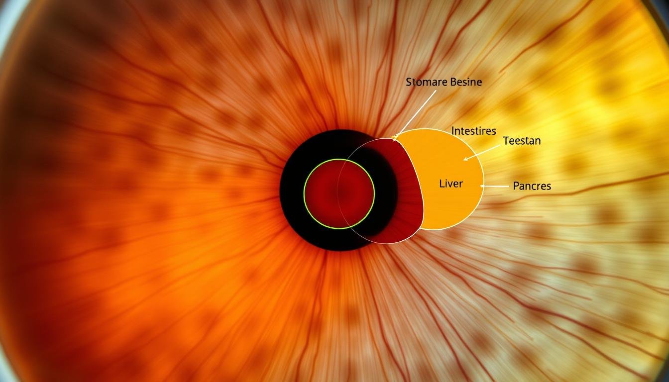 Mapa de iridología destacando las zonas digestivas en el iris Mapa de iridología destacando las zonas digestivas en el iris