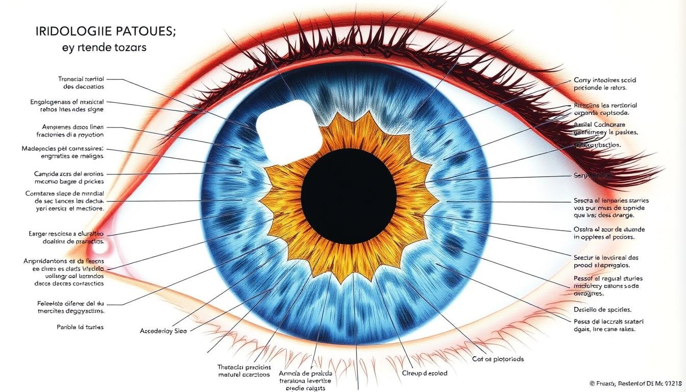 Mapa de iridología detallado mostrando las diferentes zonas del iris