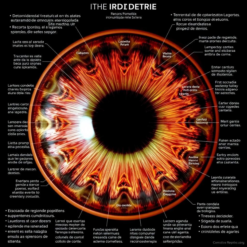 Mapa de iridología detallado mostrando las diferentes zonas del iris