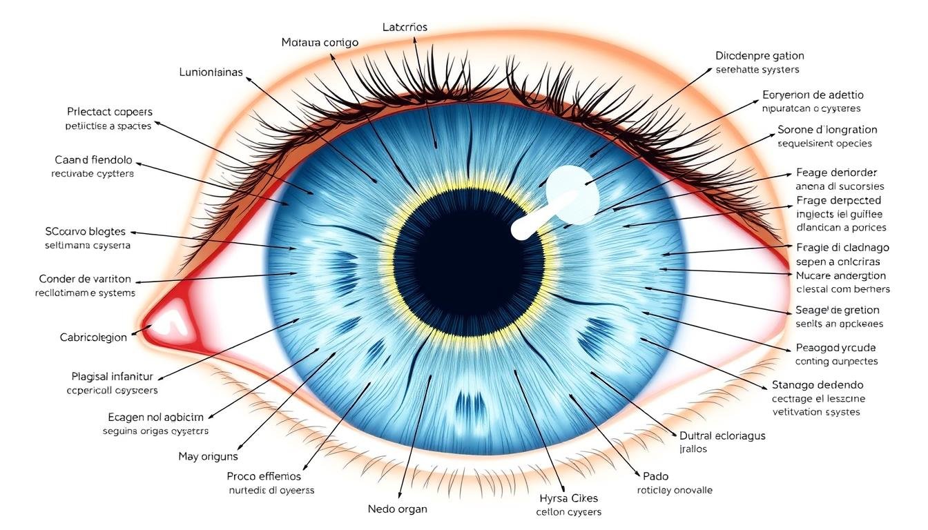 Mapa de iridología mostrando las diferentes zonas del iris relacionadas con órganos del cuerpo