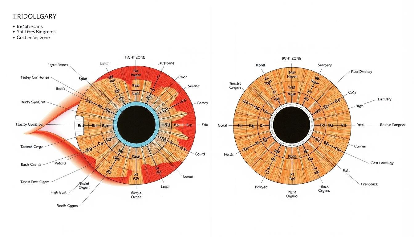 Mapa de iridología mostrando las diferentes zonas del iris y su correspondencia con órganos del cuerpo
