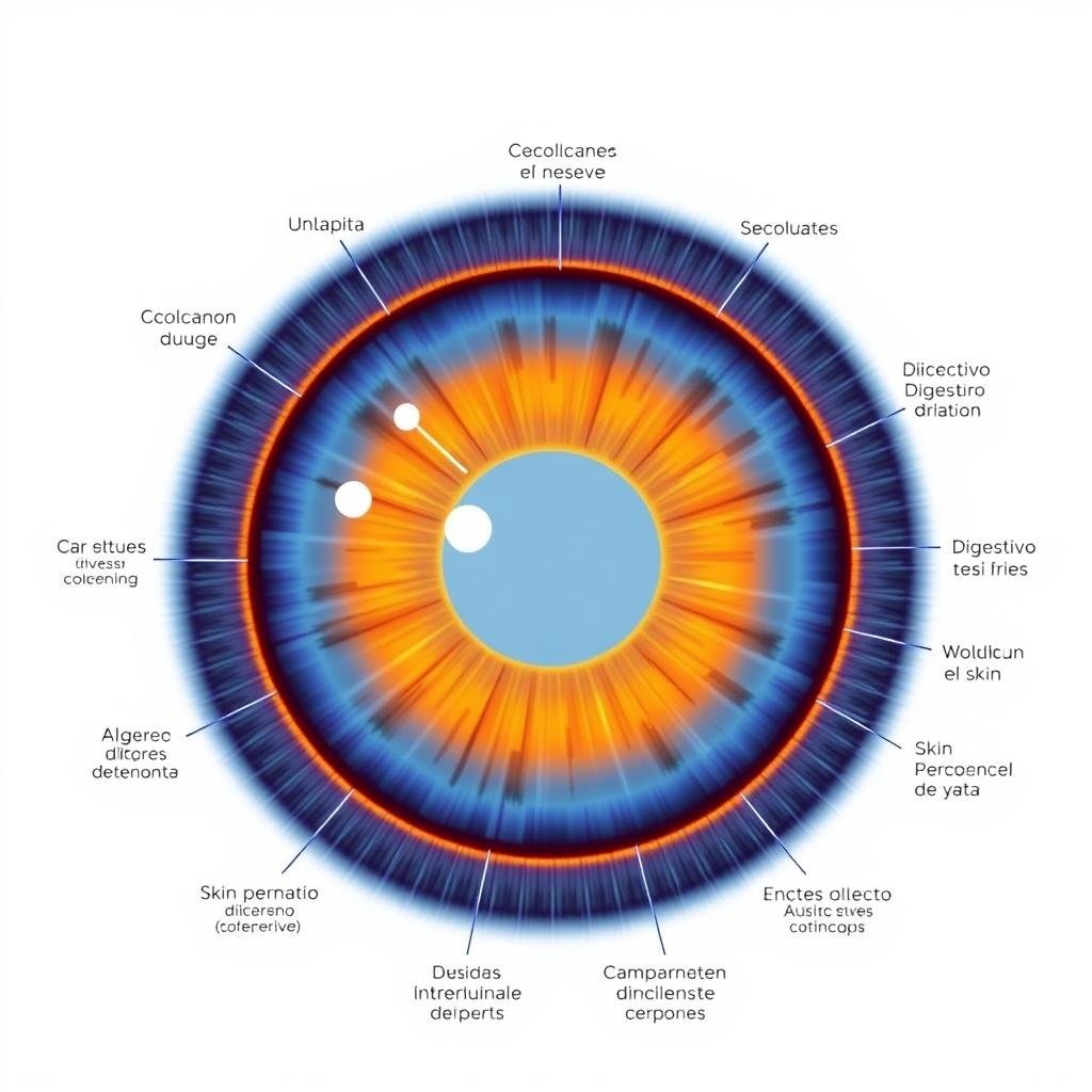 Mapa de iridología mostrando los 7 anillos concéntricos del iris