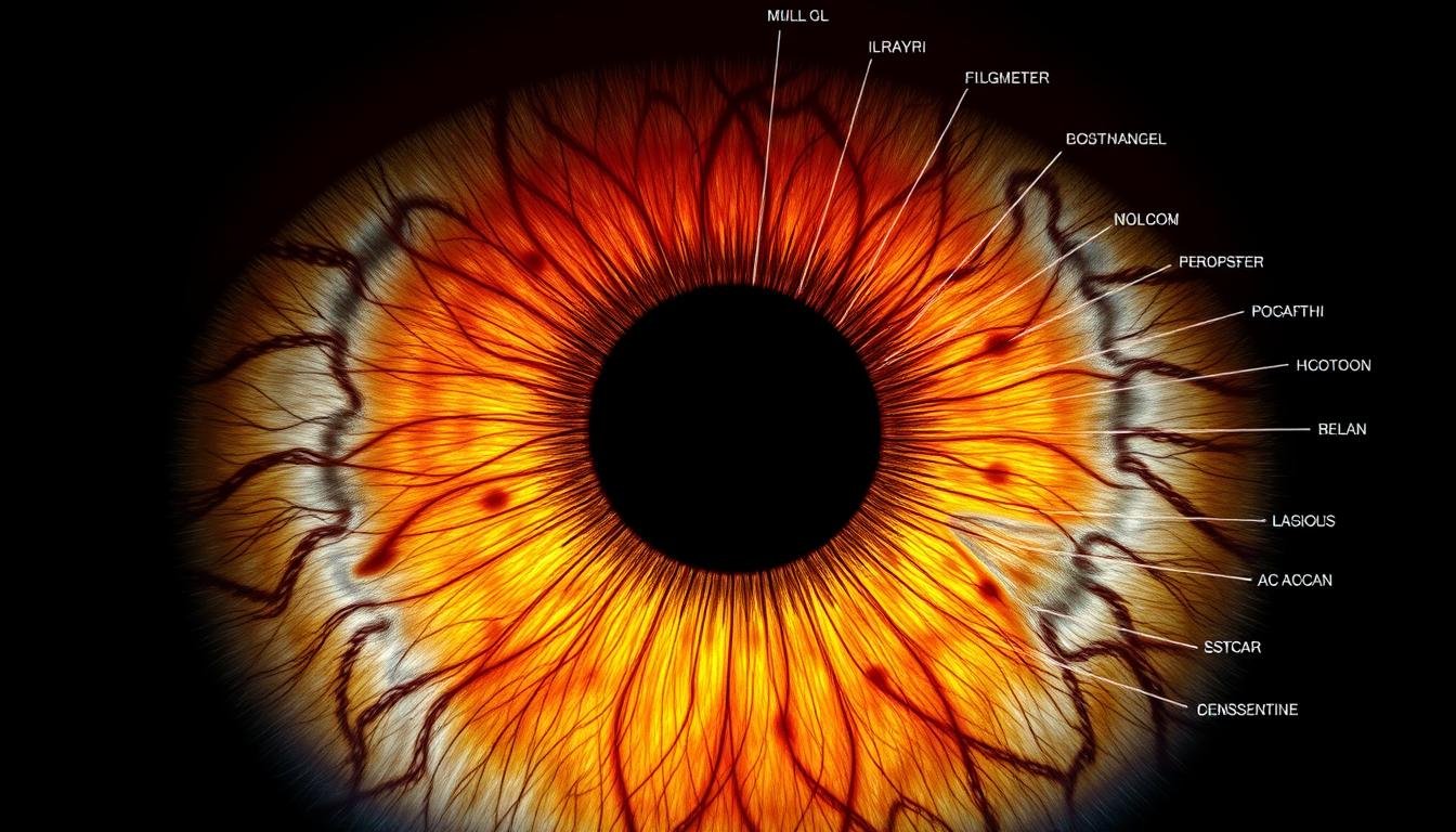Mapa del iris con zonas marcadas para diagnóstico iridológico