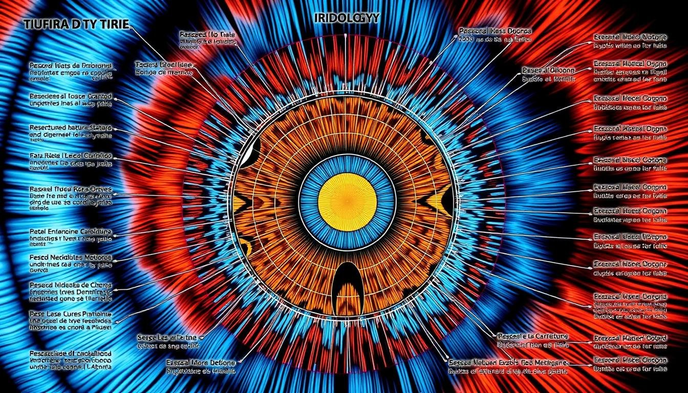 Mapa del iris en iridología mostrando diferentes zonas correspondientes a órganos