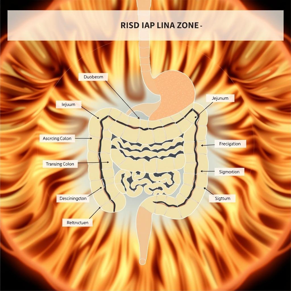 Mapa detallado de la zona intestinal en el iris con sus diferentes secciones