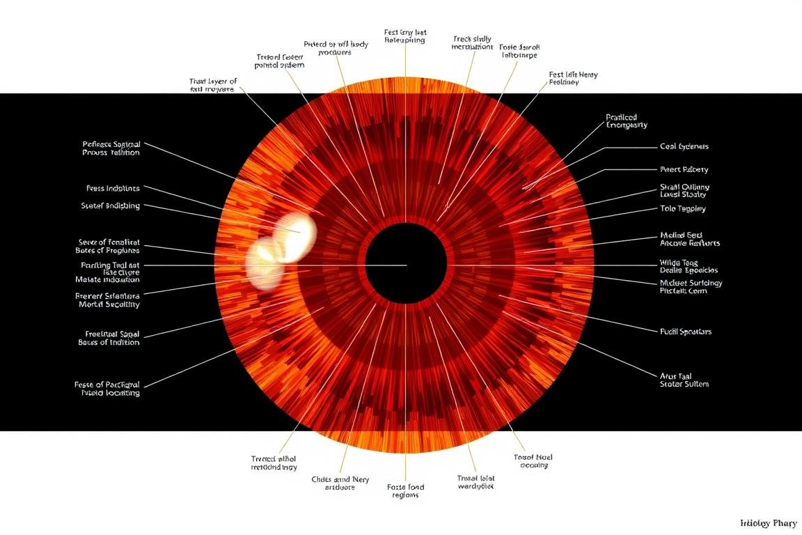 Mapa detallado del iris mostrando diferentes zonas y su interpretación en iridología
