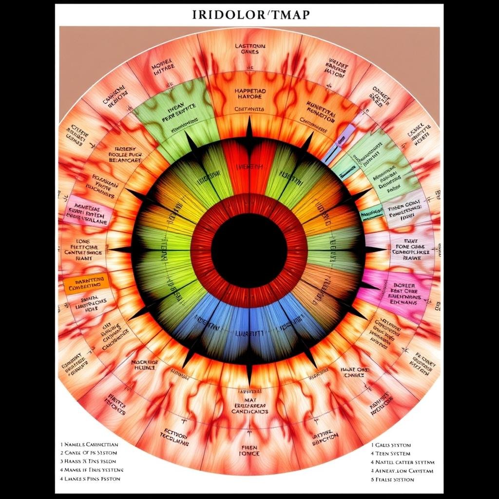 Mapa detallado del iris mostrando las diferentes zonas reflexológicas en iridología