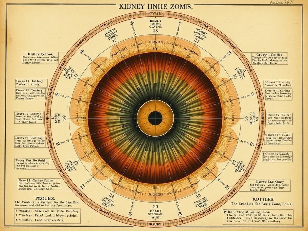 Mapa histórico de iridología mostrando la zona renal en el iris