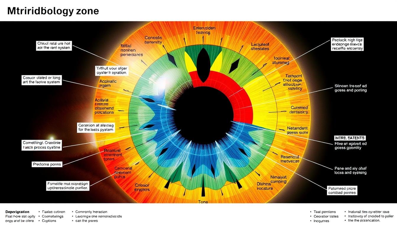 Mapa iridológico detallado mostrando las diferentes zonas del iris utilizadas en la lectura del iris