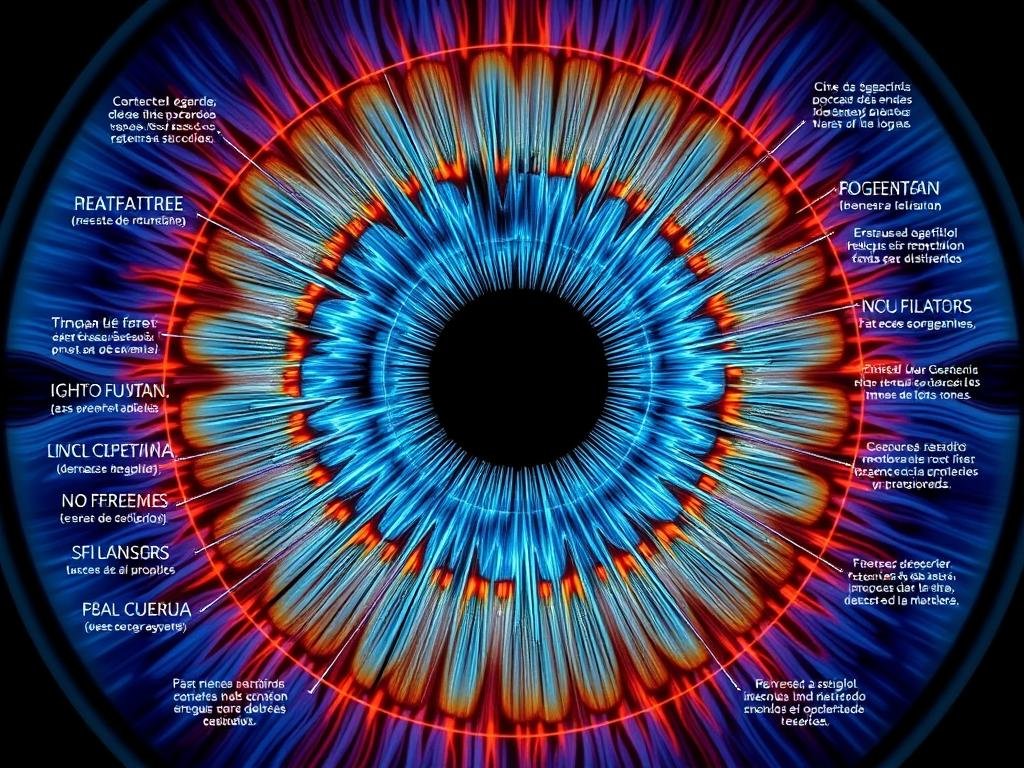 Mapa iridológico detallado mostrando las diferentes zonas del iris y su correspondencia con órganos del cuerpo