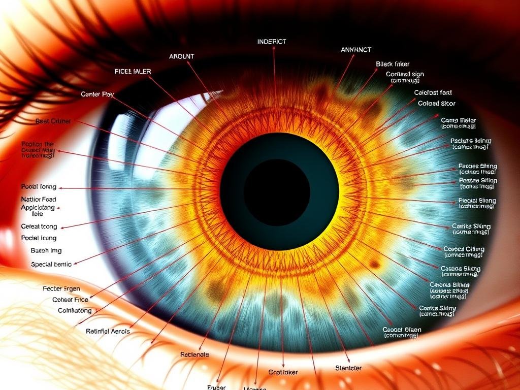 Mapa iridológico detallado mostrando las diferentes zonas del iris y su correspondencia con órganos del cuerpo