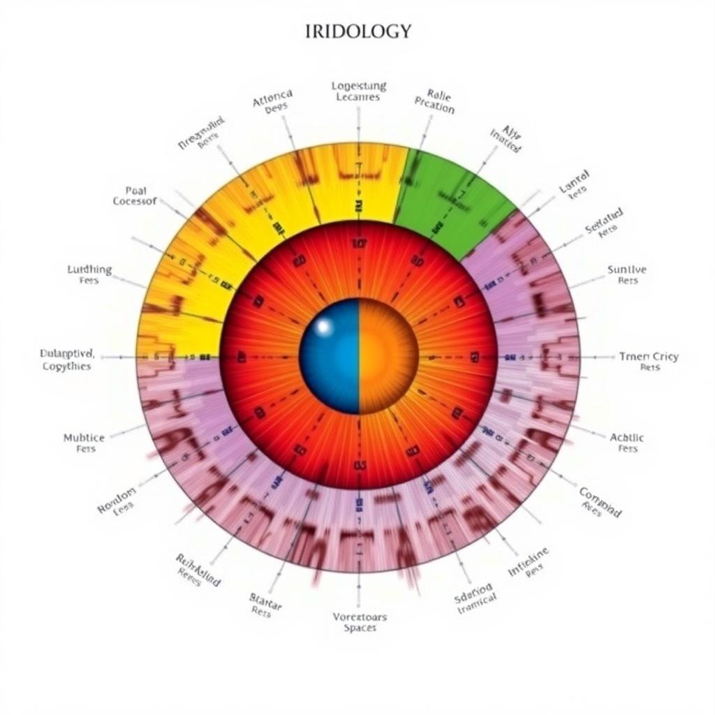 Mapa iridológico detallado mostrando las diferentes zonas del iris y su correspondencia con órganos del cuerpo