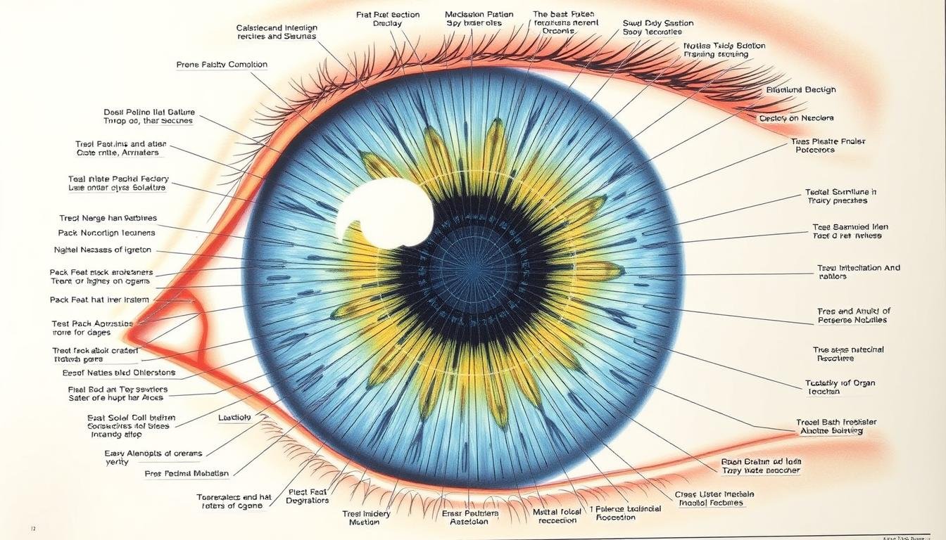 Mapa iridológico detallado mostrando las zonas correspondientes a diferentes sistemas corporales Mapa iridológico detallado mostrando las zonas correspondientes a diferentes sistemas corporales