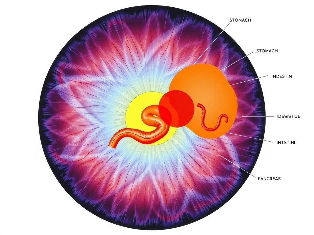 Mapa iridológico detallado mostrando las zonas correspondientes al sistema digestivo