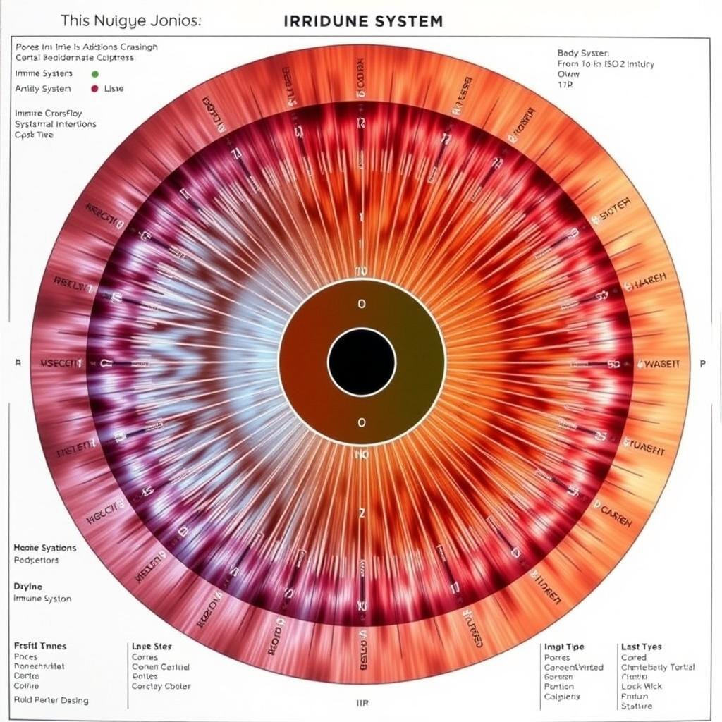 Mapa iridológico detallado mostrando las zonas del iris relacionadas con el sistema inmunológico