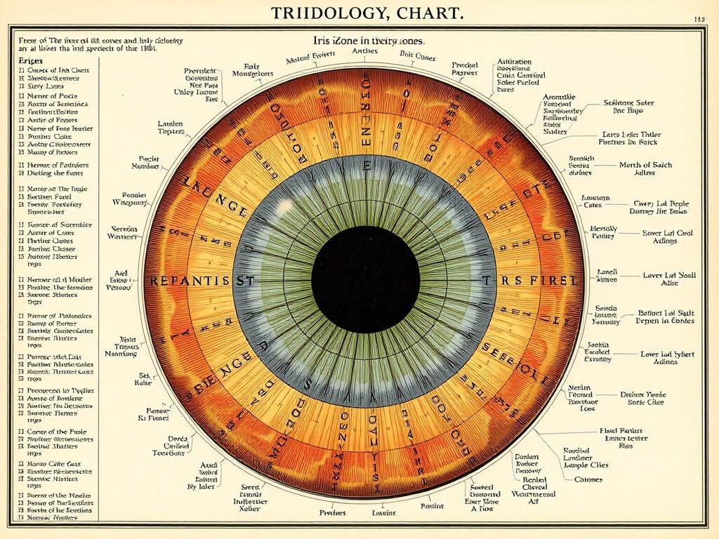 Mapa iridológico histórico mostrando las zonas del iris y su correspondencia con órganos del cuerpo