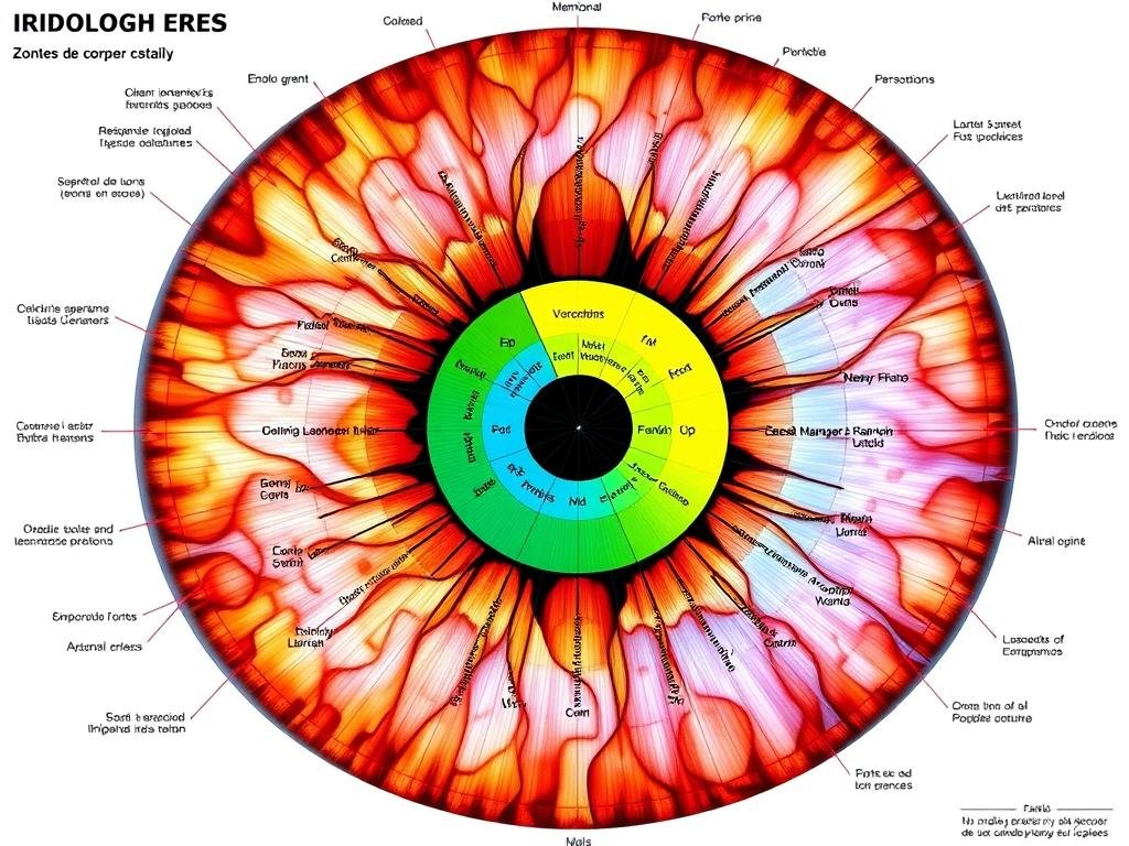 Mapa iridológico mostrando las diferentes zonas del iris y su correspondencia con órganos del cuerpo