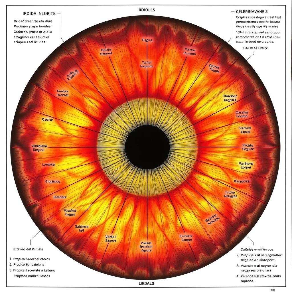 Mapa iridológico mostrando las diferentes zonas del iris y su correspondencia con órganos del cuerpo