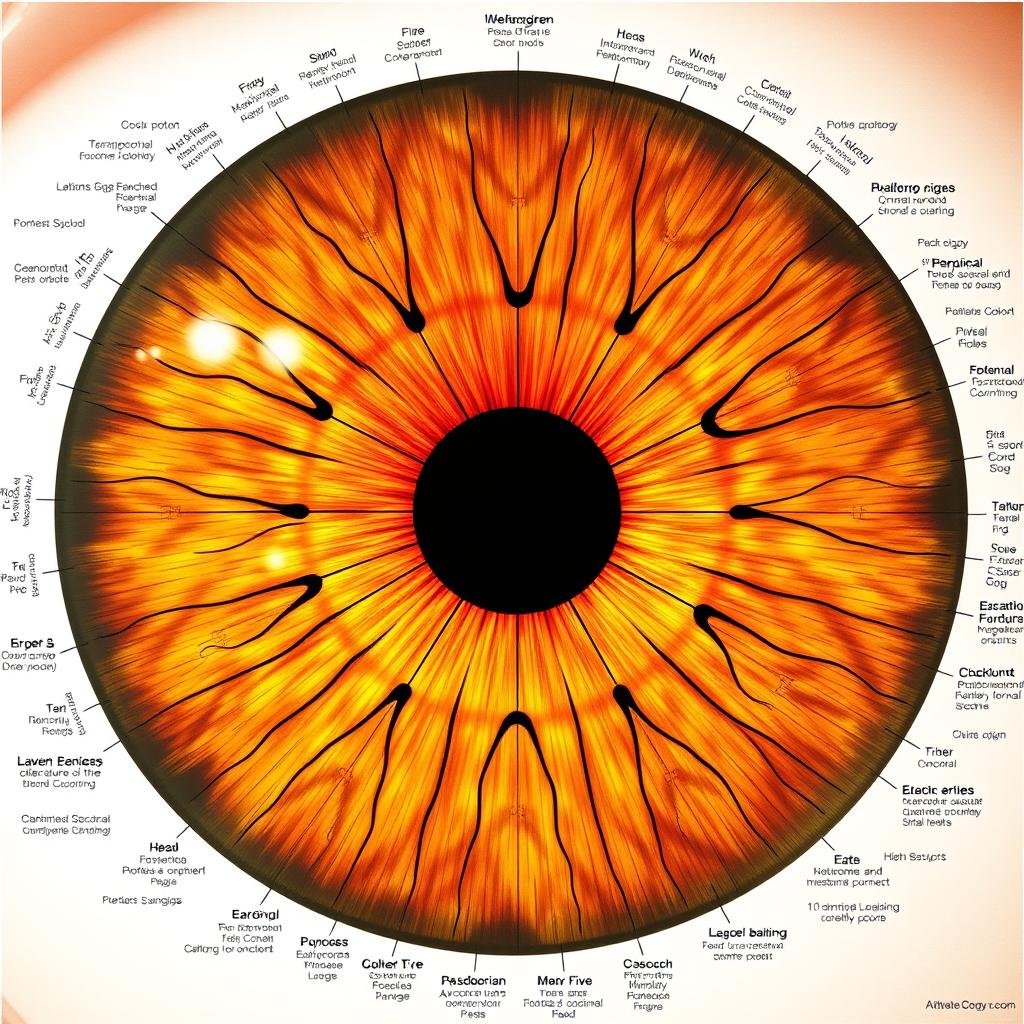 Mapa iridológico mostrando las diferentes zonas del iris y su correspondencia con órganos del cuerpo