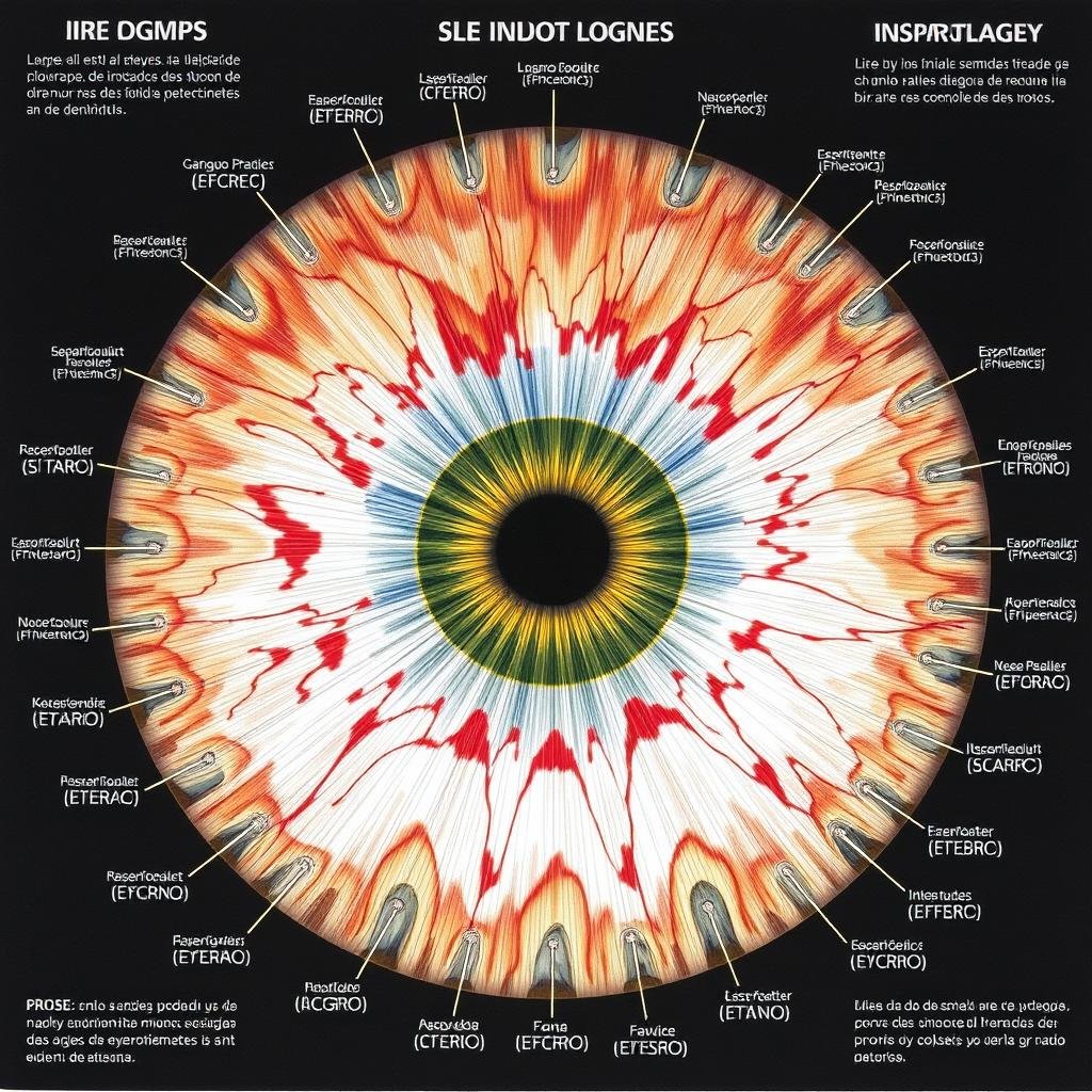 Mapa iridológico que muestra las diferentes zonas del iris y su correspondencia con órganos del cuerpo