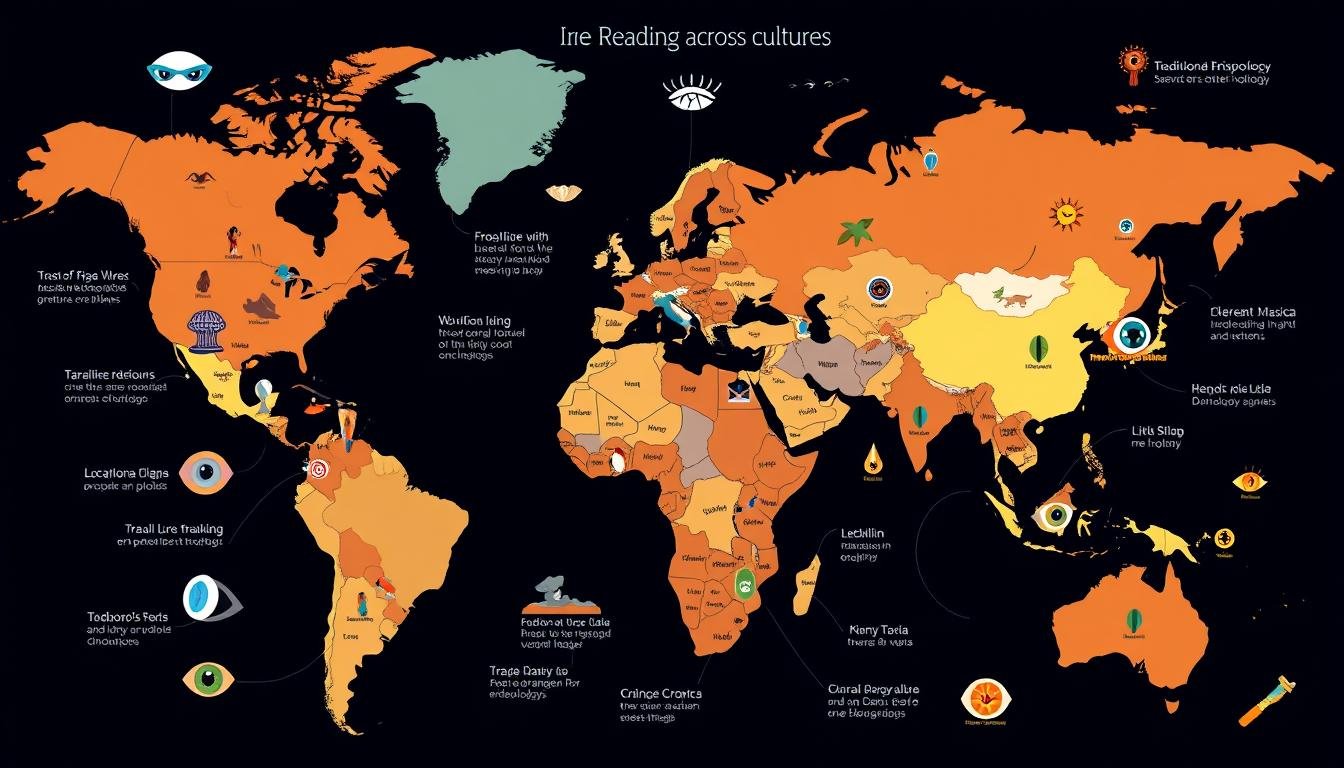 Mapa mundial mostrando diferentes tradiciones de lectura del iris en distintas culturas