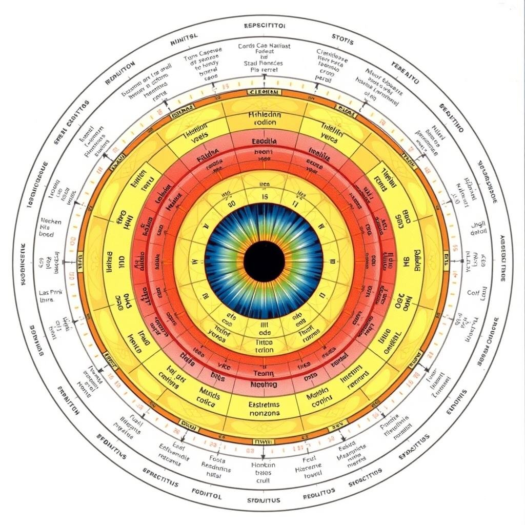 Mapa tradicional de iridología mostrando la relación entre sectores del iris y órganos Mapa tradicional de iridología mostrando la relación entre sectores del iris y órganos