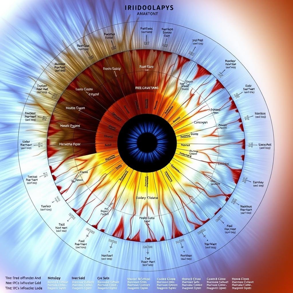 Mappa iridologica che mostra le corrispondenze tra aree dell'iride e organi del corpo