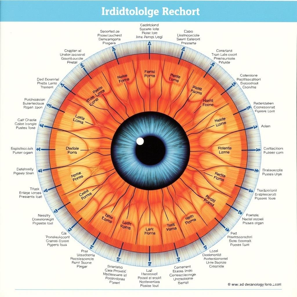 Mappa iriologica che mostra le corrispondenze tra sezioni dell'iride e organi del corpo