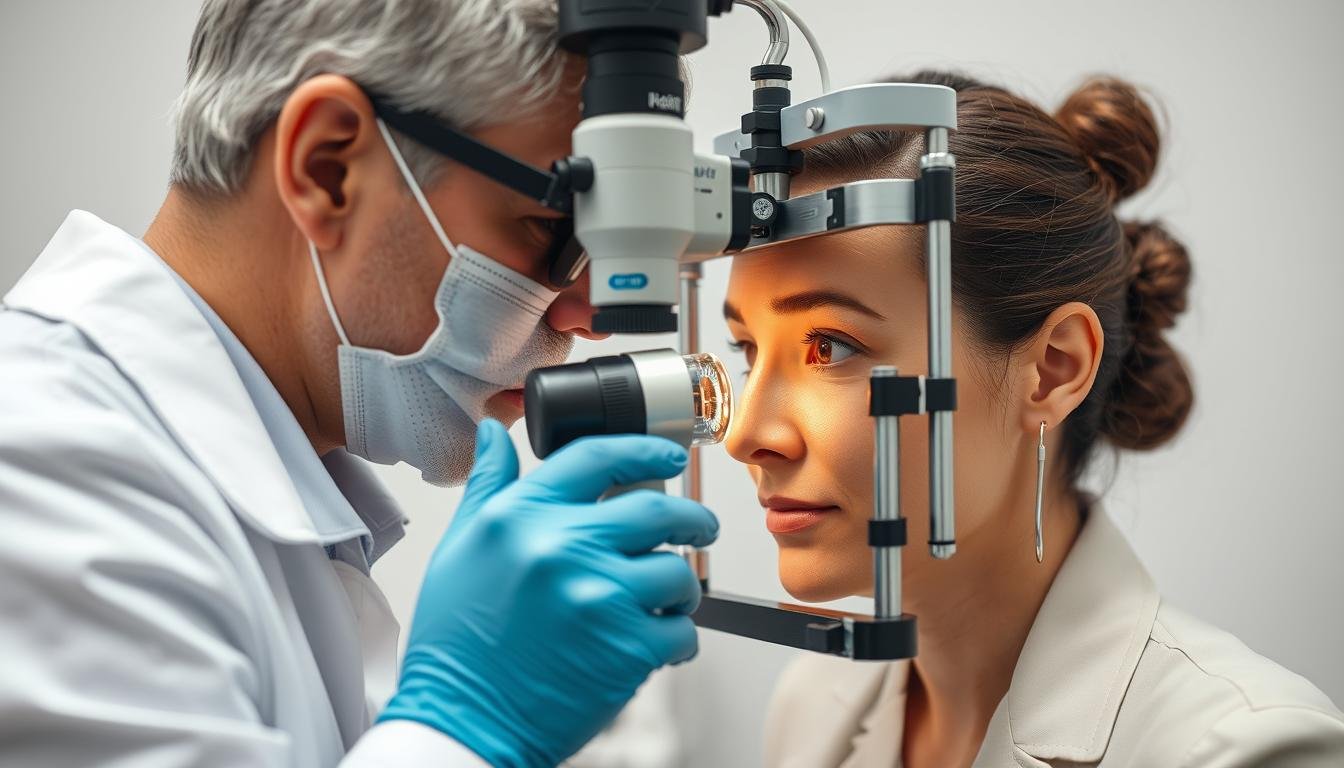 Médico realizando un análisis de iridología con equipo especializado