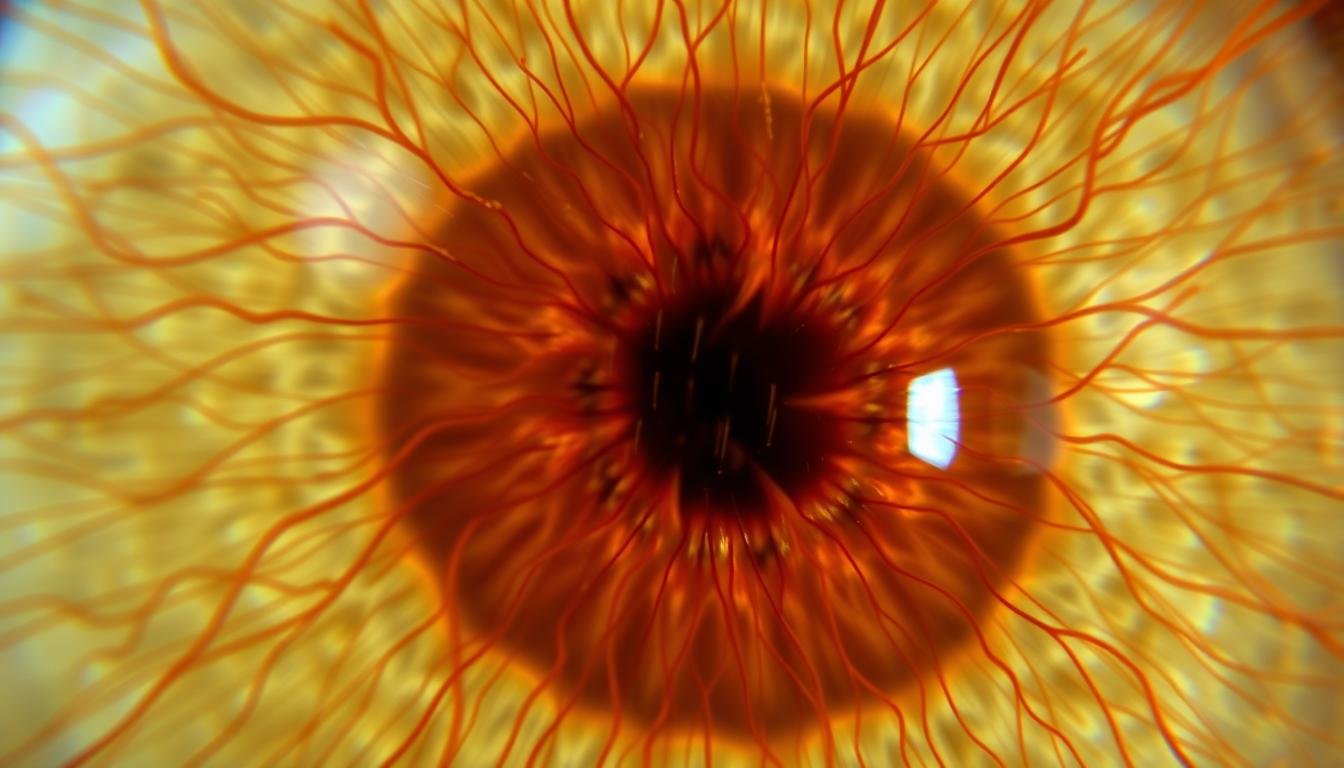 Microscopía de alta resolución mostrando detalles del iris durante la lectura del iris