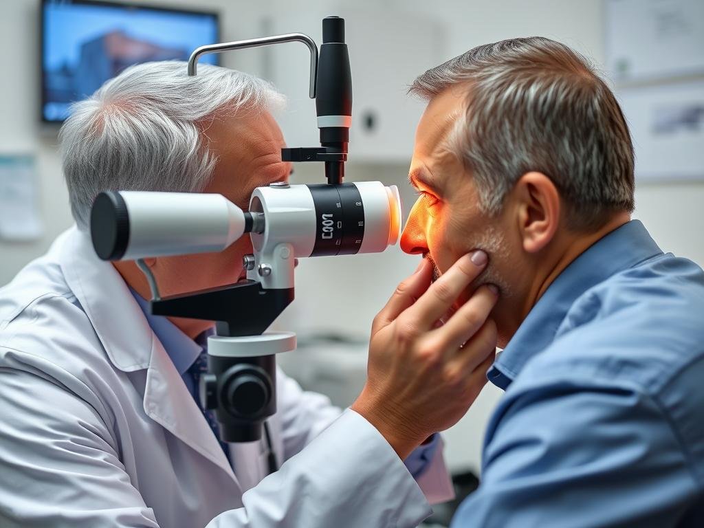 Oftalmólogo realizando un examen ocular con lámpara de hendidura, mostrando el enfoque médico convencional