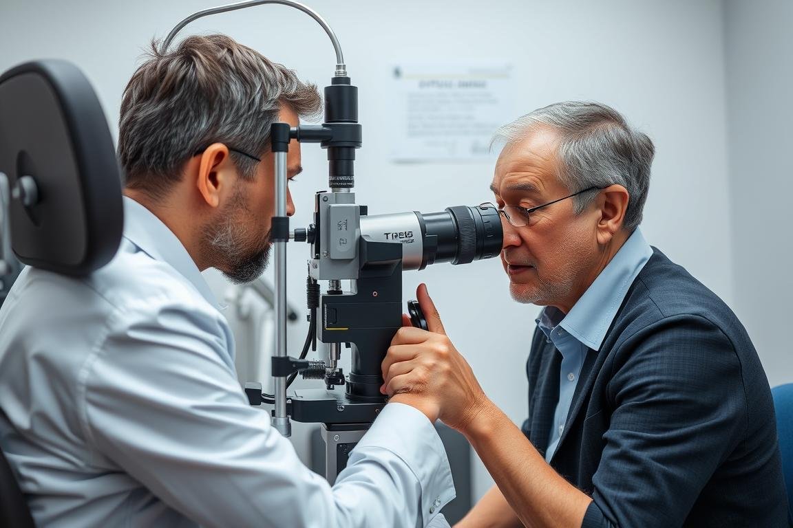 Optometrista realizando un examen completo de la vista a un paciente