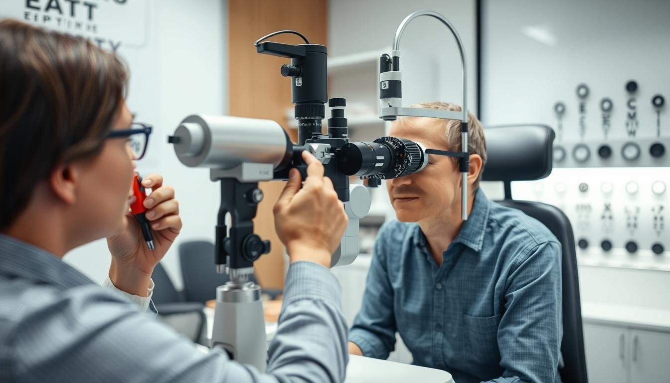 Optometrista realizando un examen visual a un paciente con equipamiento profesional