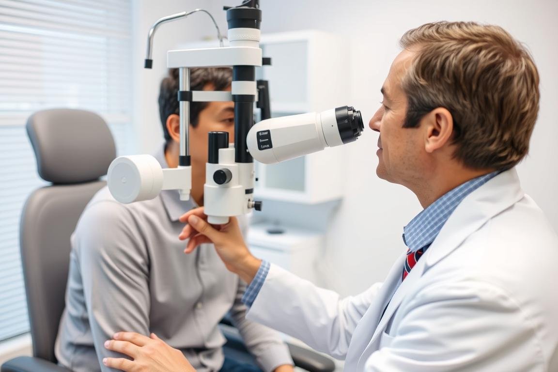 Optometrista realizando un examen visual completo a un paciente
