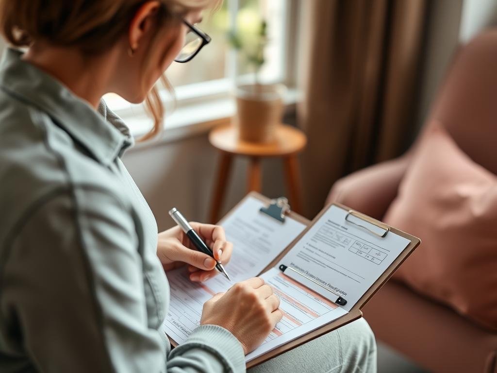 Paciente completando un formulario de historial médico antes de una consulta con un iriólogo