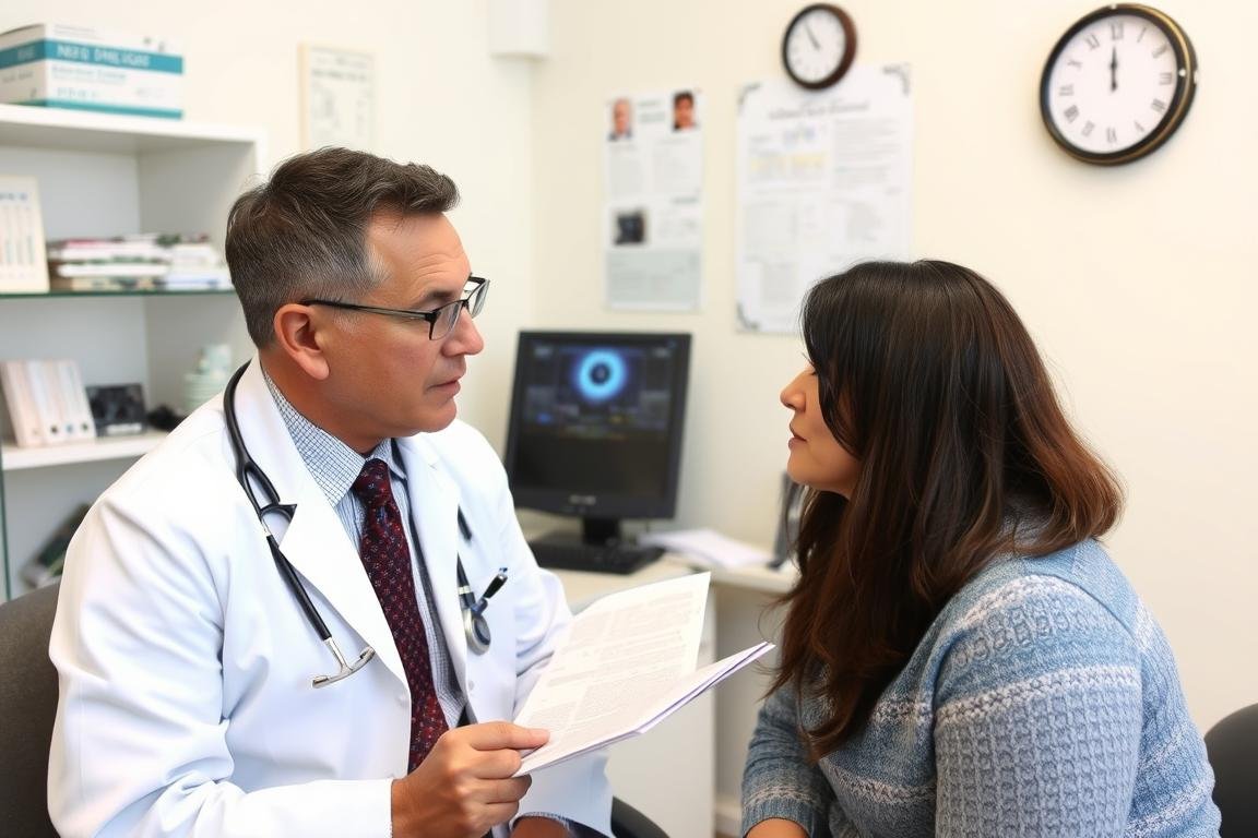 Paciente consultando con su médico convencional antes de probar terapias alternativas como la iridología