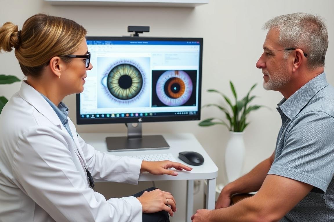 Paciente recibiendo una consulta de iridología con resultados visualizados en pantalla