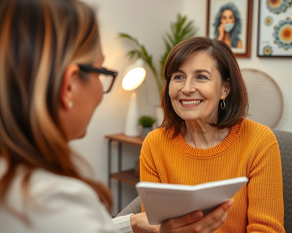 Paciente recibiendo una consulta de iridología y mostrando satisfacción con los resultados