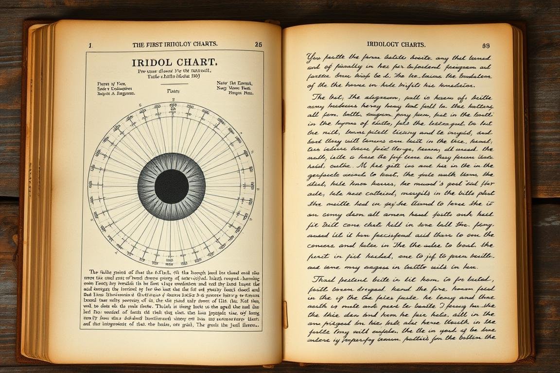 Página antigua de un libro médico mostrando uno de los primeros mapas de iridología
