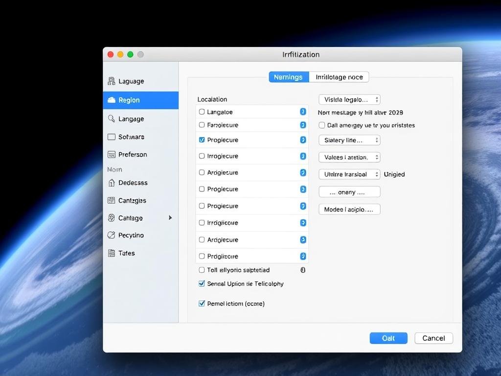 Pantalla de configuración de idioma y región en iridologia software