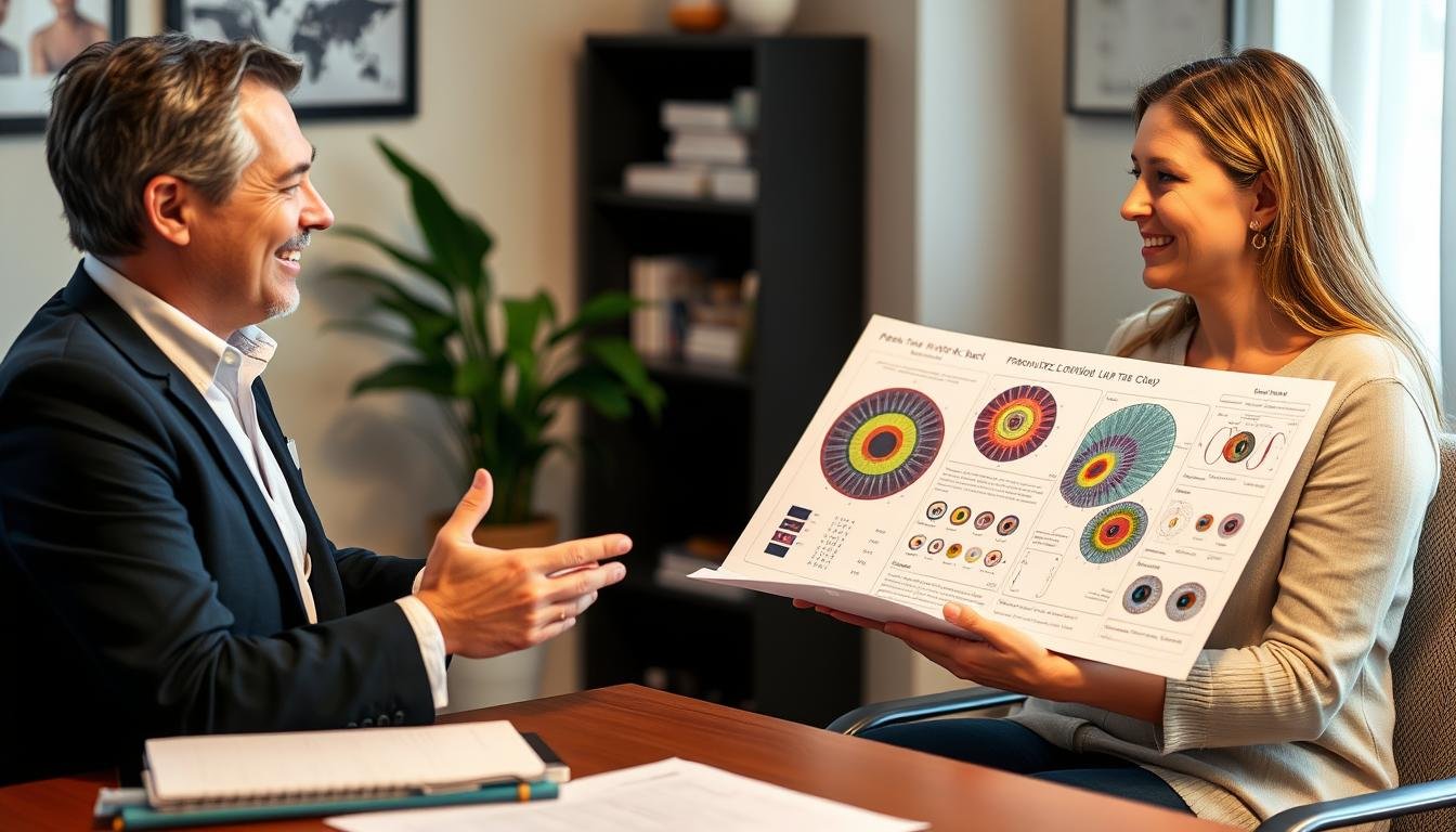 Persona consultando con un especialista en iridología sobre su mapa iridológico personalizado Persona consultando con un especialista en iridología sobre su mapa iridológico personalizado